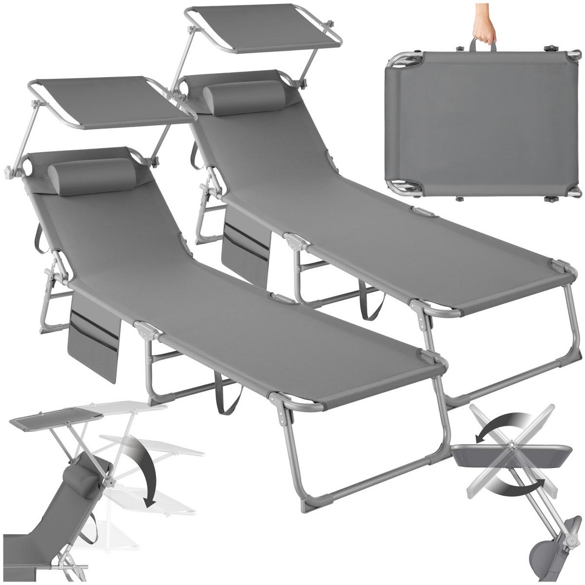 SONNENLIEGE 2er Set Chloé,190 x 68 x 28 cm, mit Seitentasche,grau - Grau, Kunststoff (68/111/161cm) - tectake