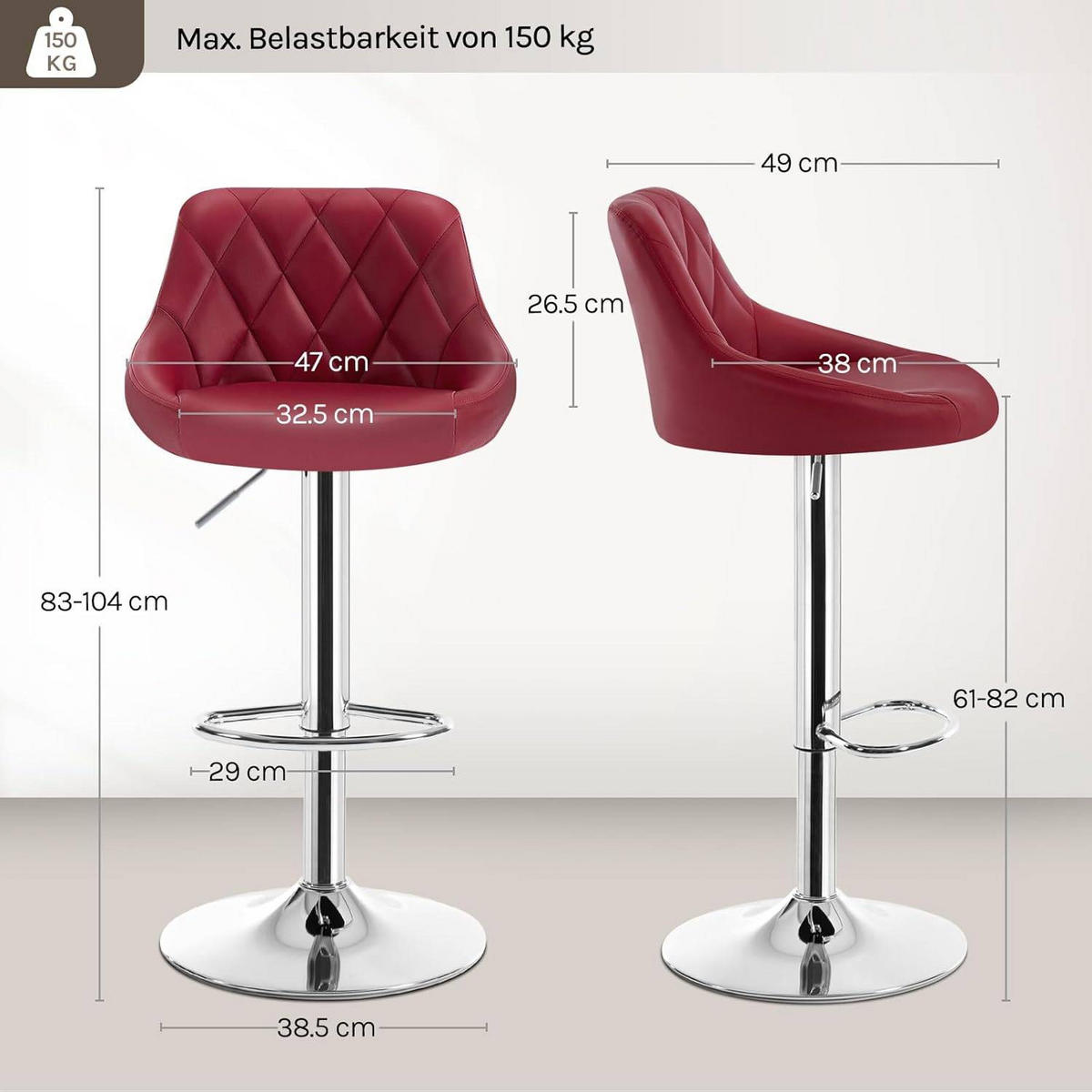 BARHOCKER 2er Set, Kunstleder,Höhenverstellbar, 360° Drehbar - Bordeaux, Metall (47/104/39cm) - Woltu