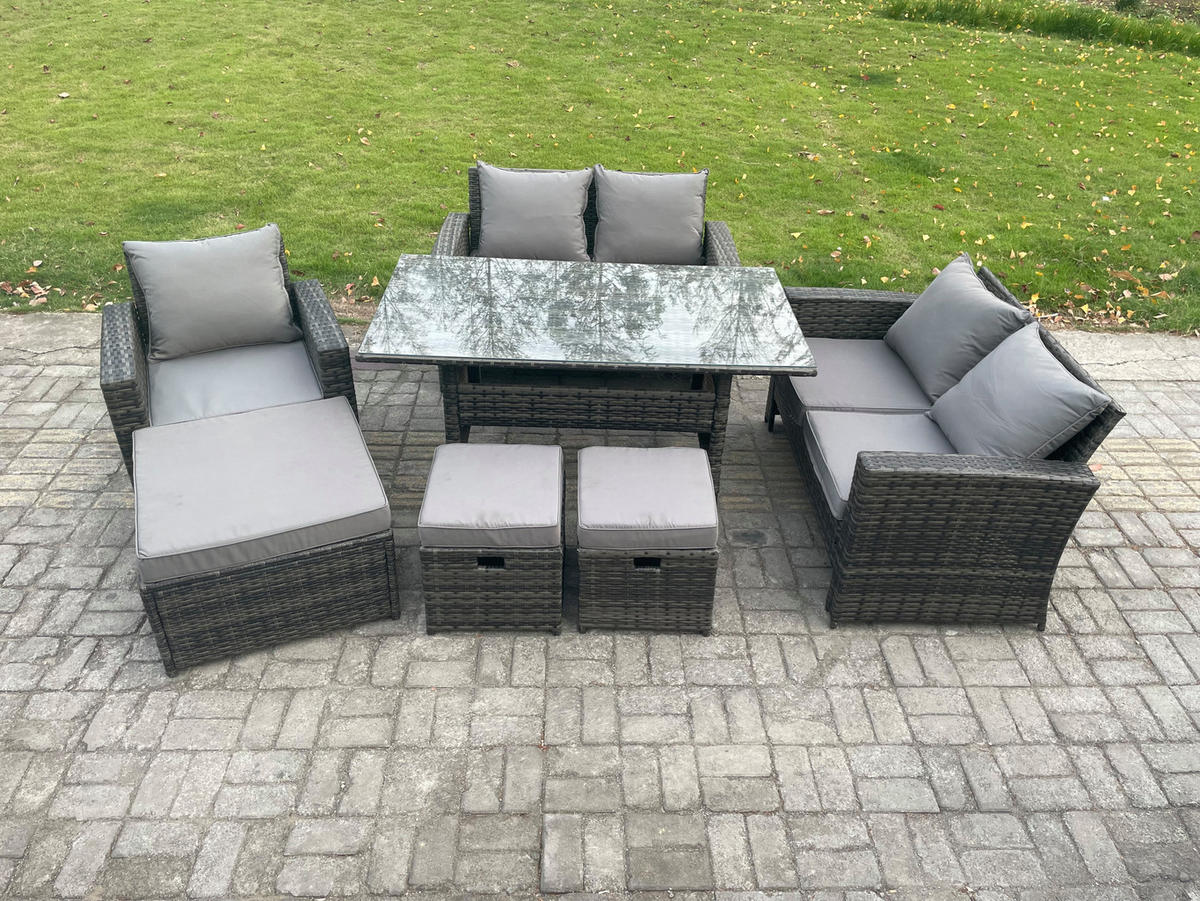 BALKONMÖBEL-SETS mit 2-Sitzer Sofa,3 Hockern,Esstisch Polyrattan Dunkelgrau 8-Sitzer - Dunkelgrau/Grau, Glas/Kunststoff - Fimous