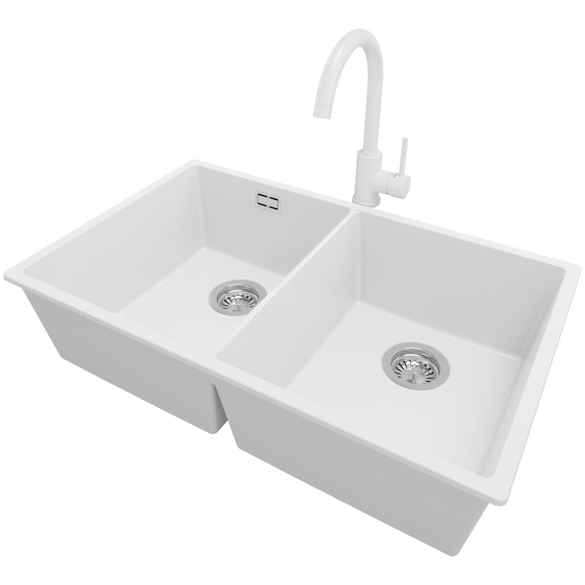 GRANITSPÜLE London Slim Twin, 2-er set Weiß 76/47 cm 2 Becken + Küchenarmatur 32/20 cm + Ablauf-Set ab 80er Unterschrank - Chromfarben/Weiß, Kunststoff (76/20/47cm) - Primagran