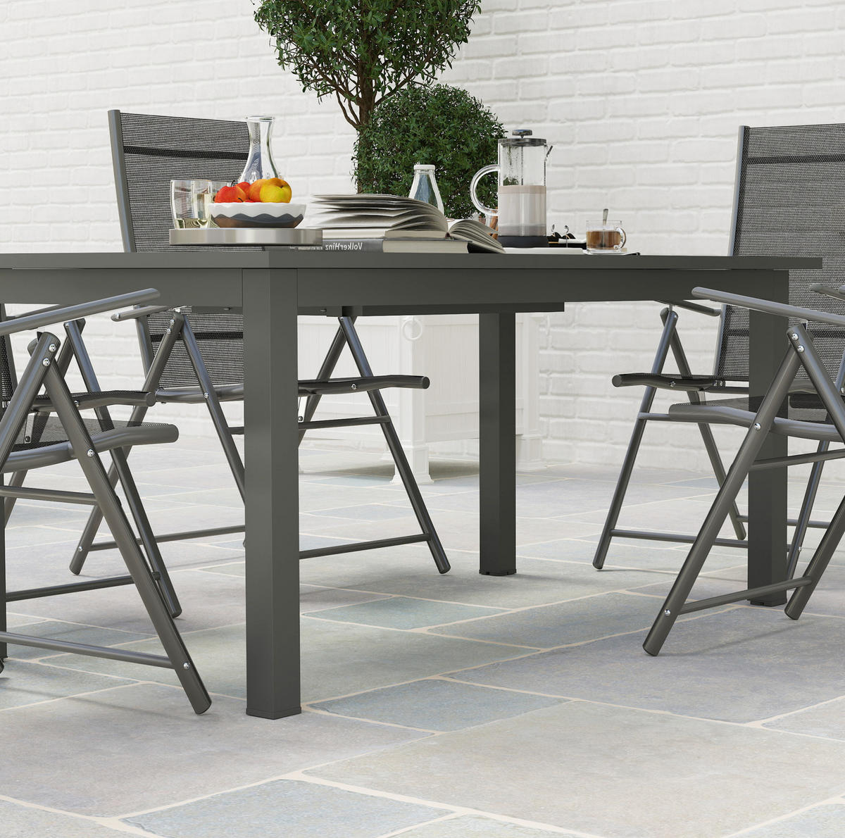 GARTENTISCH aus Aluminium 160/220x90x73 cm Grau ausziehbar mit Schmetterlingsmechanismus und geschlitzter Tischplatte - Grau, Metall (220/90/73cm) - Modfu