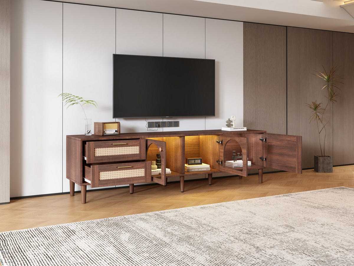 TV-SCHRANK in Braun mit LED, Rattan-Schubladen und Glastüren 180/40/50 cm - Braun, Holzwerkstoff (180/50/40cm) - Redom