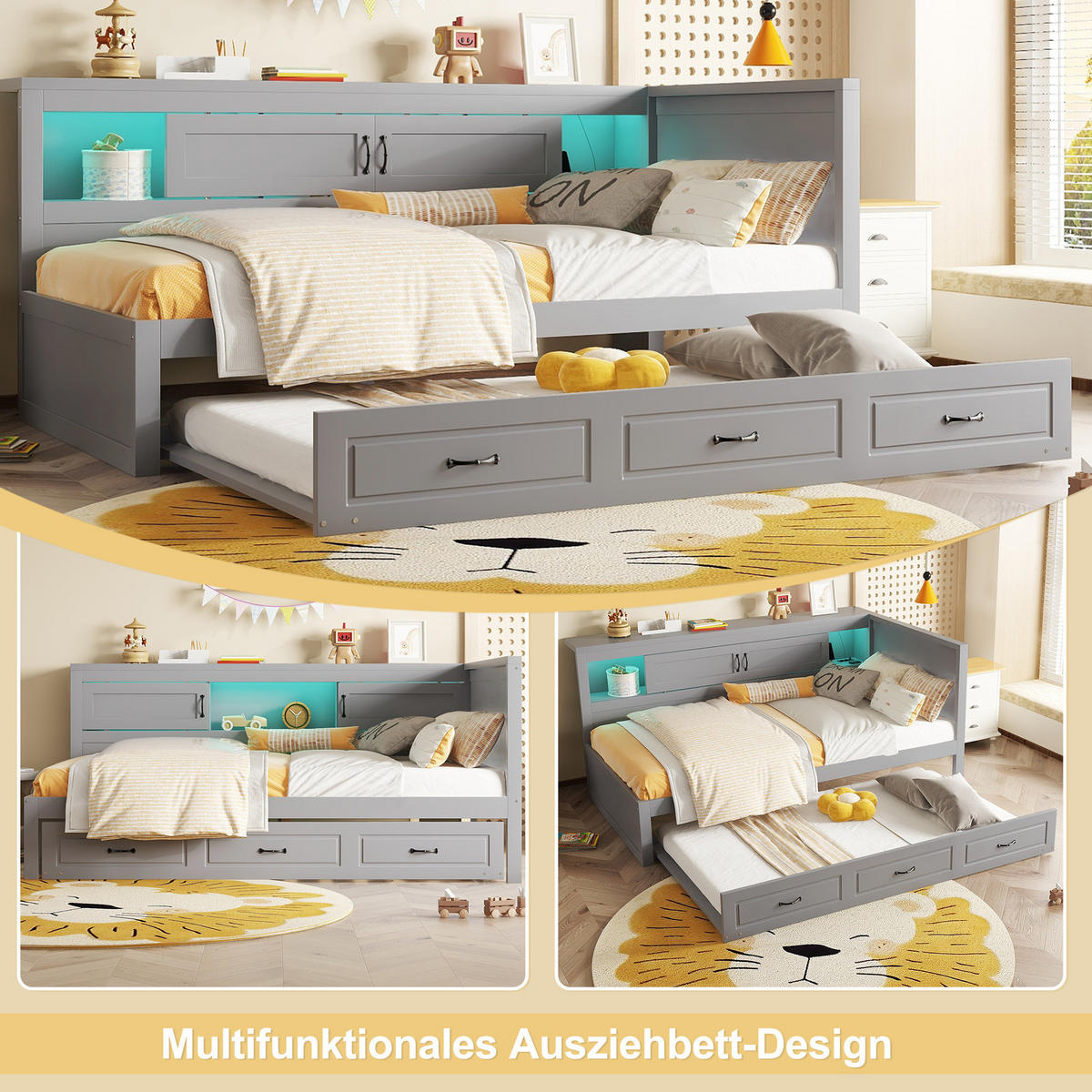 BETT 90/200 cm Grau aus Spanplatte und MDF mit LED-Beleuchtung und Bett - Grau, Holzwerkstoff (90/200cm) - OKMYHOME