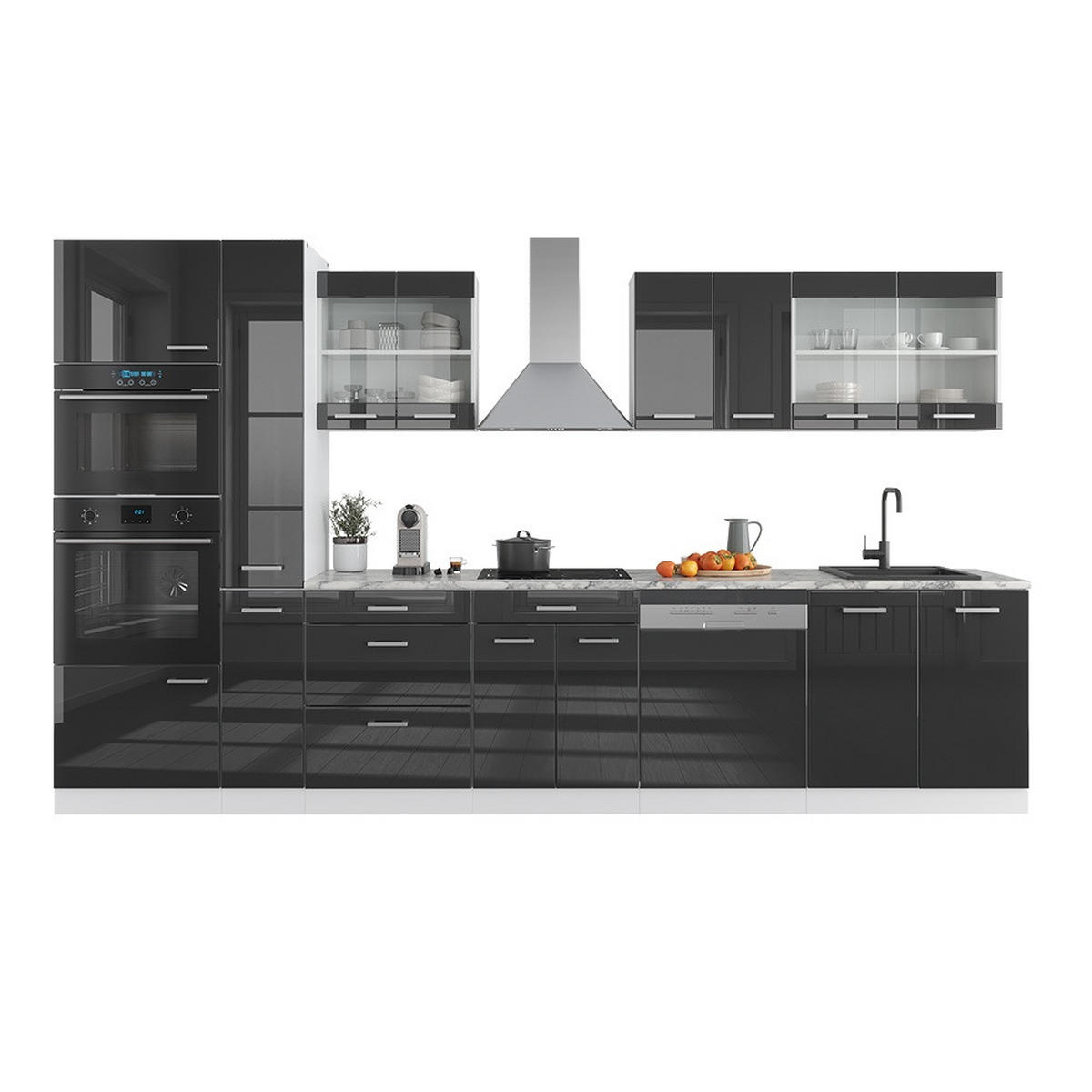 PENTRY R-Line Antracit högblank/vit 350 cm med högskåp, utan bänkskiva - Vit/Svart högglans, Träbaserade material (350/206.8/46cm) - Vicco