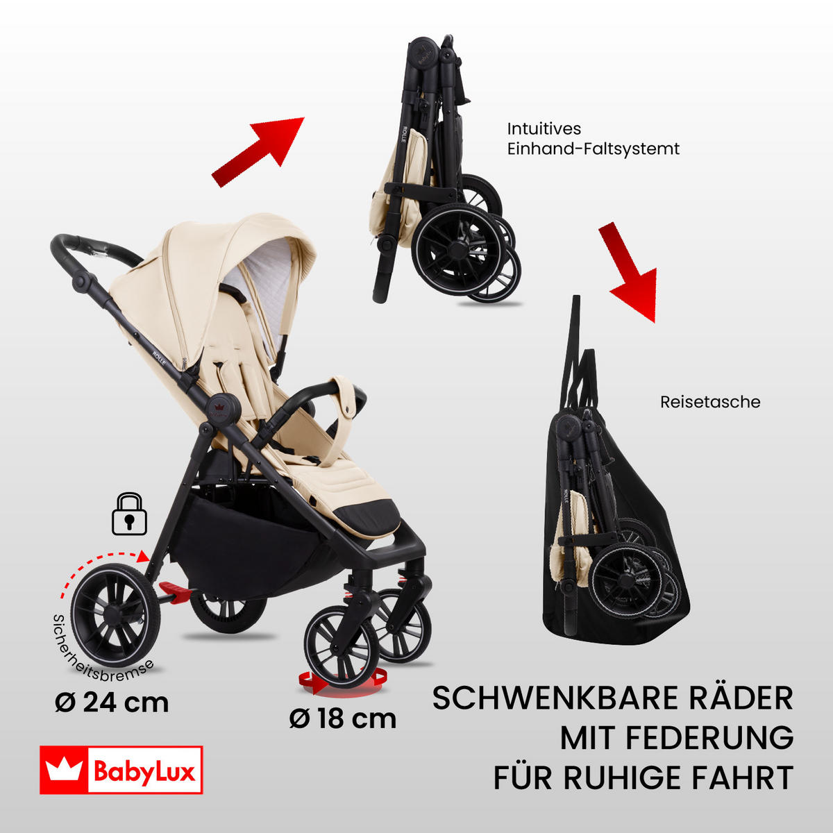BUGGY Rolle, Klein und Leicht, Teleskopische Führung, Kompakt Faltbar, Wickeltasche, Reisetasche - Beige/Schwarz, Textil/Metall (58/98cm) - BabyLux
