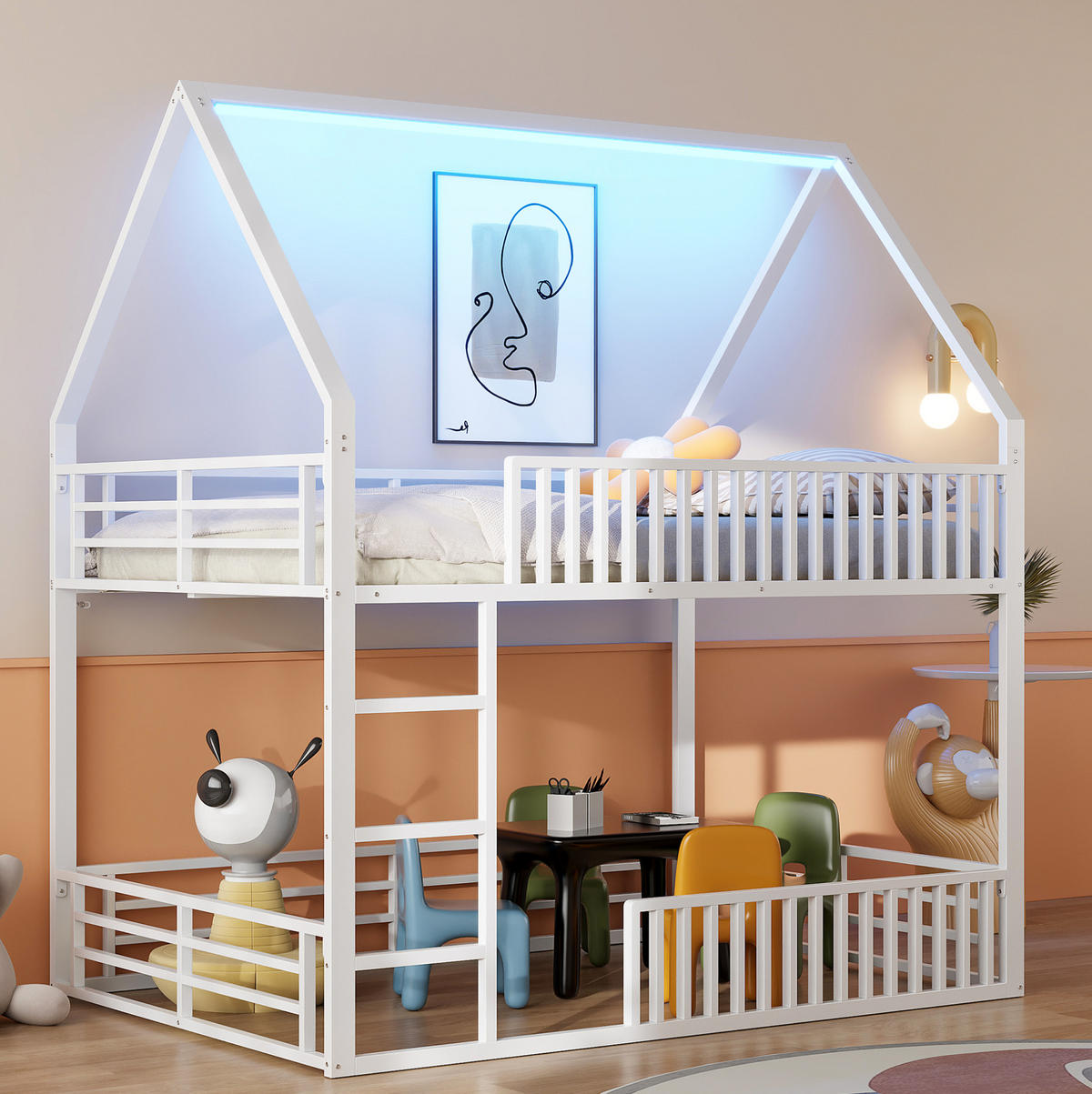 ETAGENBETT in Hausform 140/200 cm, Weiß mit LED und Schutzgeländer - Weiß, Metall (140/200cm) - MIVRAY