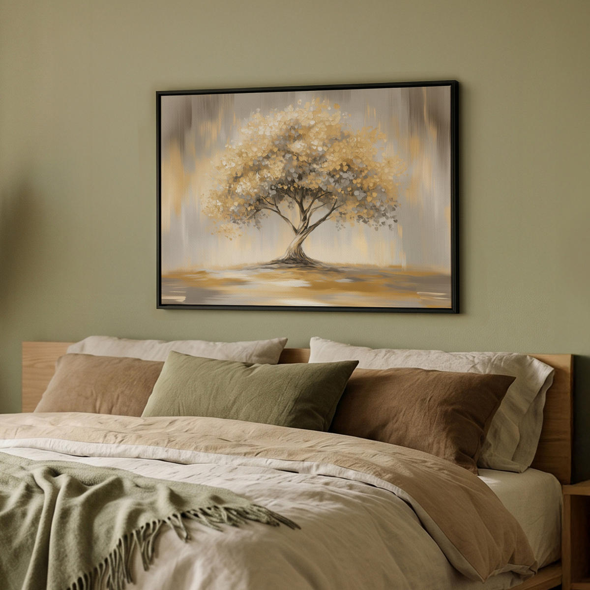 LEINWAND Bilder mit Rahmen - Gemälde - Baum - Abstrakt - Blätter - 70x50 - Beige, Textil (70/50cm) - MuchoWow