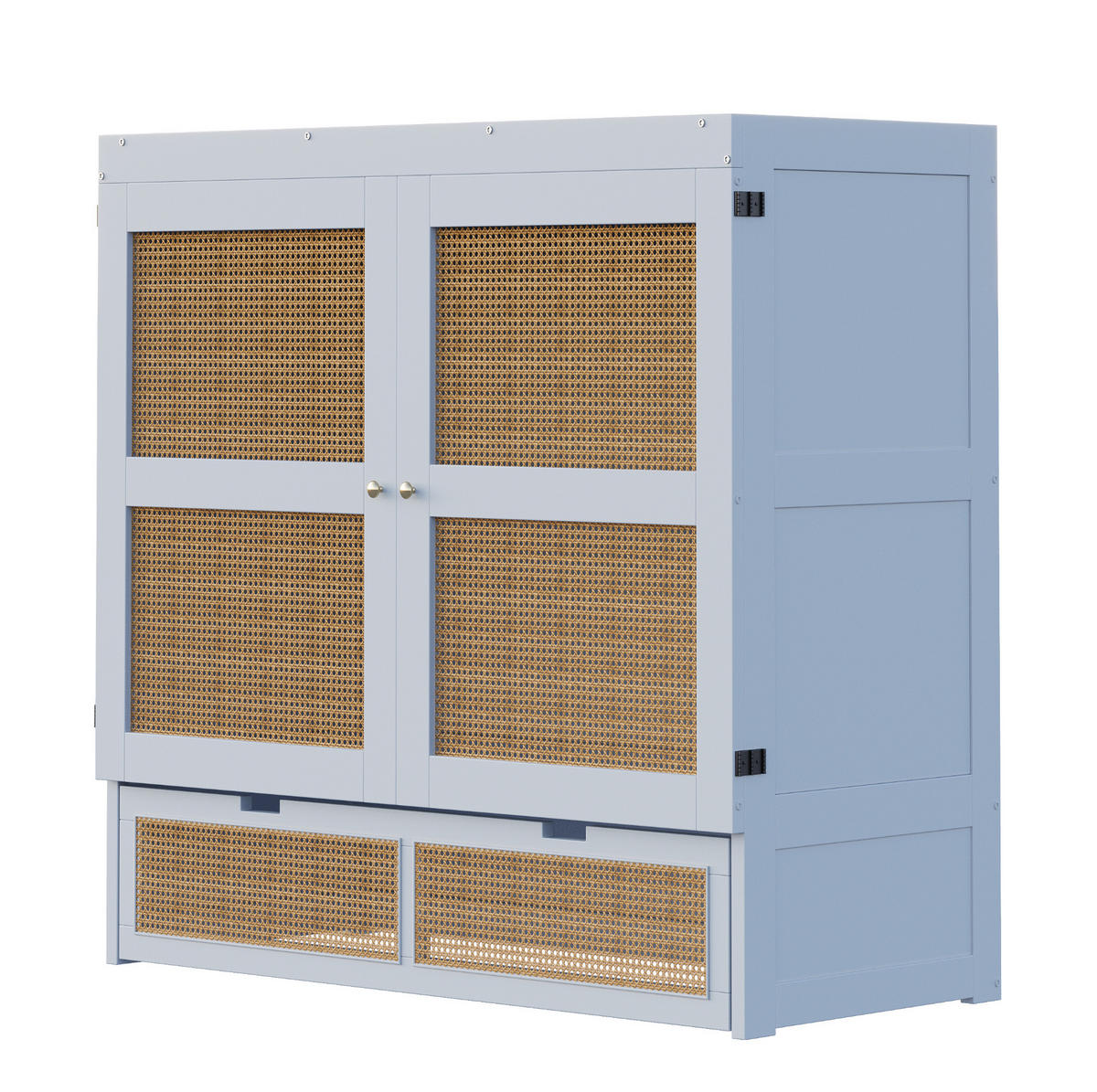 ZIDNI krevet od drva 140x200 cm sivi sa spremišnim ladicama, rotirajućim vratima 270° i ratan detaljima - siva, drvni materijal (135/190cm) - Modfu