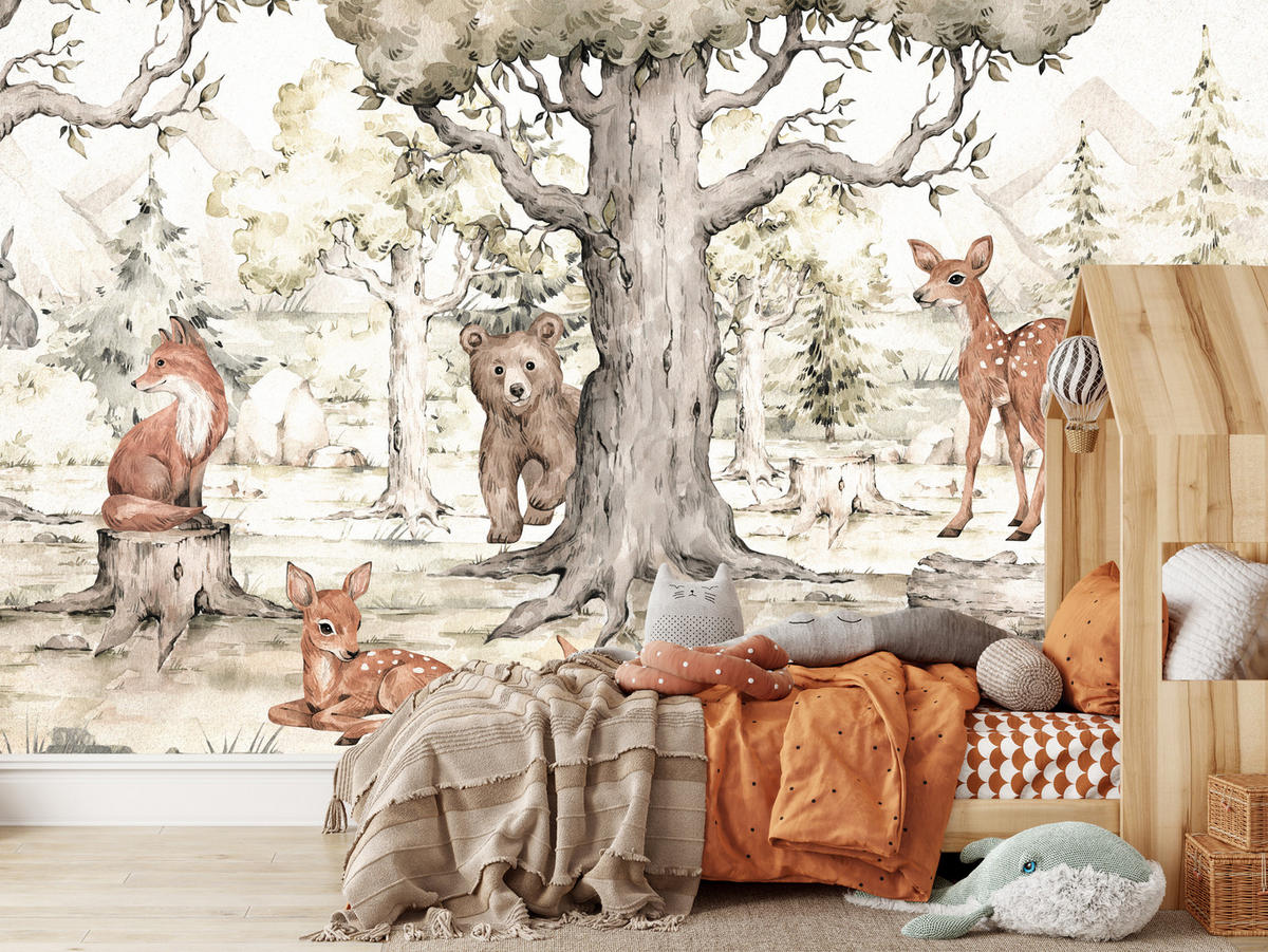 FOTOTAPETE für Kinderzimmer Waldtiere Aquarell Bär Fuchs Reh Bäume 300x210 - Beige/Orange, Papier (300/210cm) - Muralo