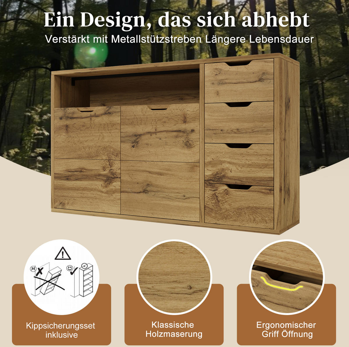 SIDEBOARD 150/90/40 cm Eiche aus Holzwerkstoff und Metall mit Softclose - Eichefarben, Holzwerkstoff (40/90/150cm) - OKMYHOME