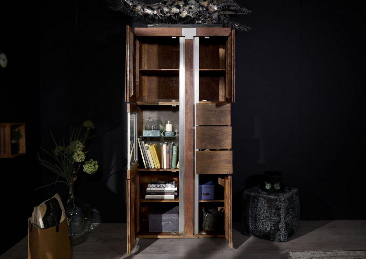 VITRINE Mango 90x45x204 braun lackiert Amsterdam #08 - Braun, Holz (90/204/45cm) - Massivmoebel24