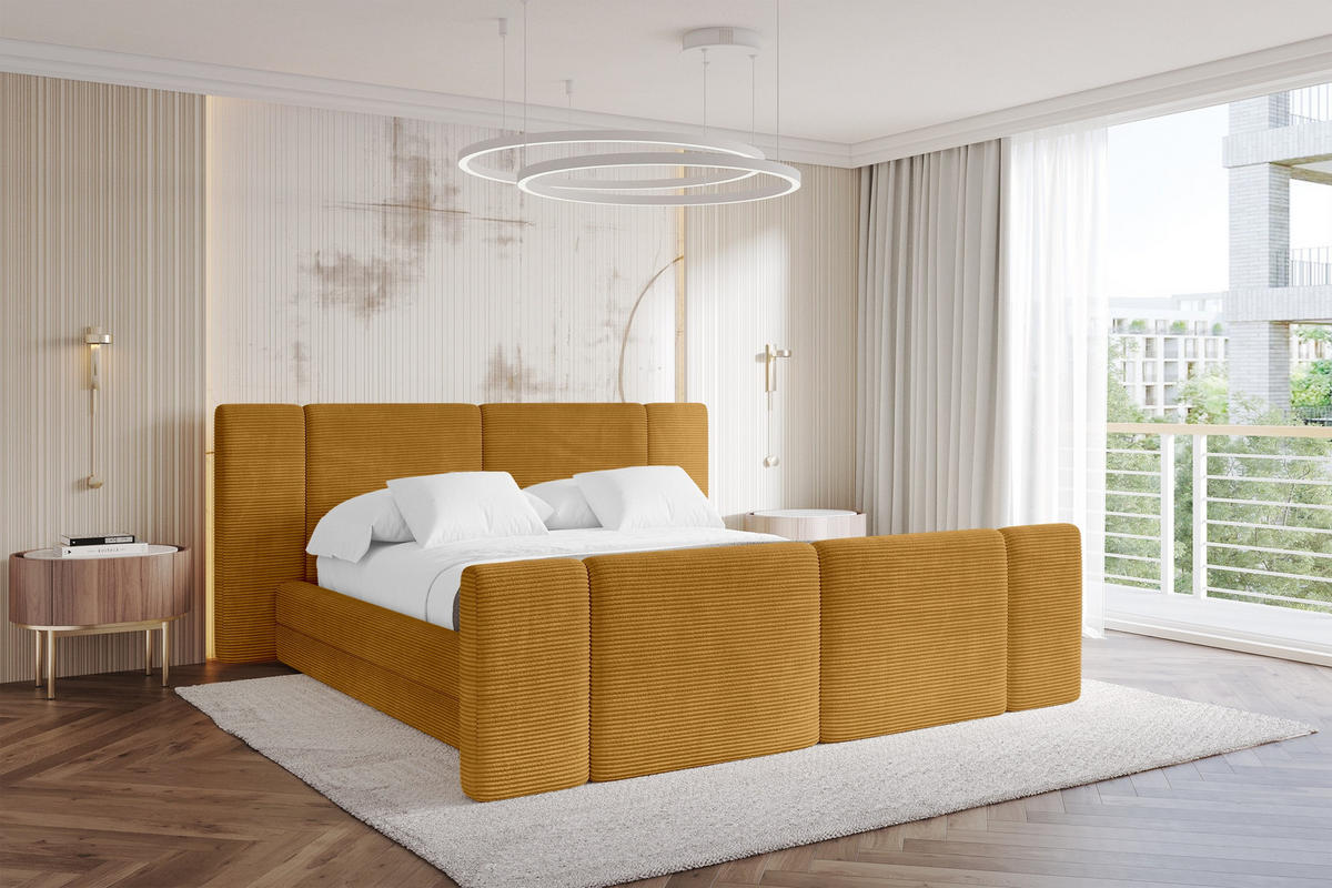 POLSTERBETT mit Bettkasten, Fußteil und Lattenrost, Boxbett ohne Matratze - TEVO-Z 160x200 Senfgelb - Gelb, Holzwerkstoff/Textil (160/200cm) - ALTDECOR
