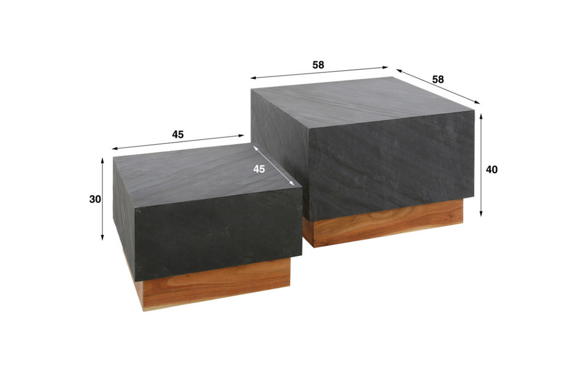 COUCHTISCH-SET NOME Schwarz Stein - Schwarz/Braun, Akazienholz/Stein (58/58/40cm) - KAWOLA