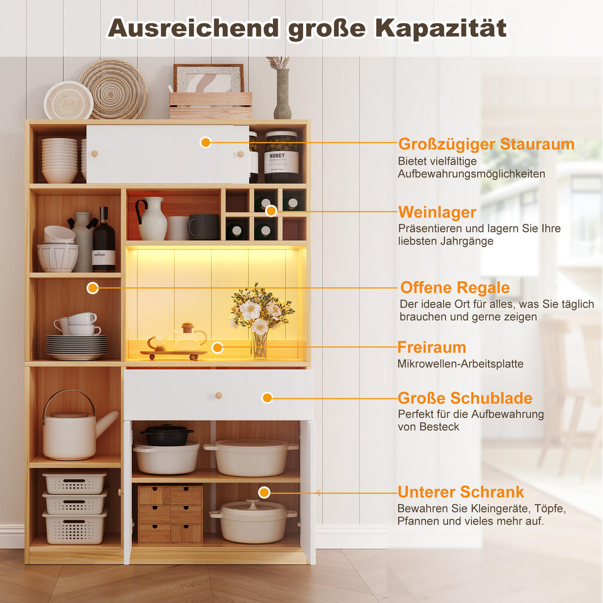 HIGHBOARD mit LED Mikrowellenfach & 3 Türen - Eichefarben, Holzwerkstoff (115/180/35cm) - Urban Meuble
