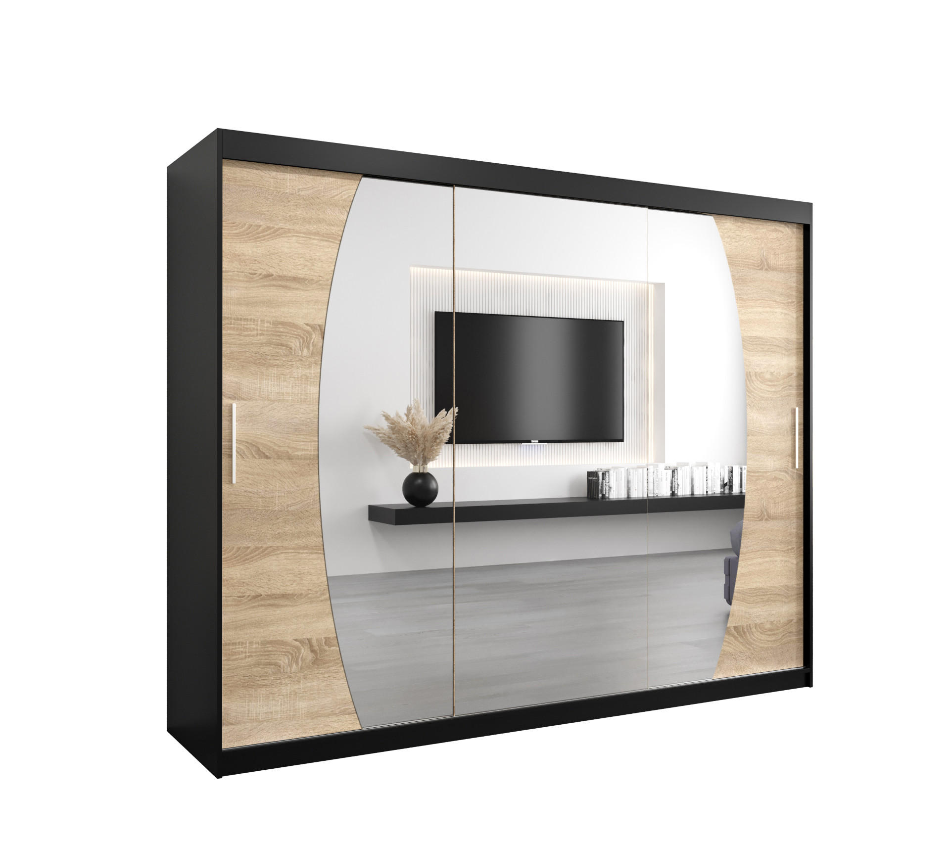 SCHWEBETÜRENSCHRANK 200/250/62 3-türig - Silberfarben/Schwarz, Holz/Kunststoff (250/200/62cm) - Abiks Möbel