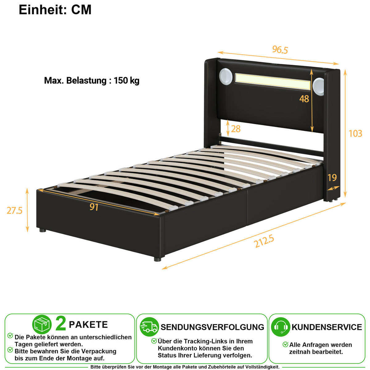 KINDERBETT 90/200 cm in Schwarz mit Bettkasten, LED, Bluetooth und USB aus Kunstleder - Schwarz, Holzwerkstoff/Textil (90/200cm) - CHICFURN