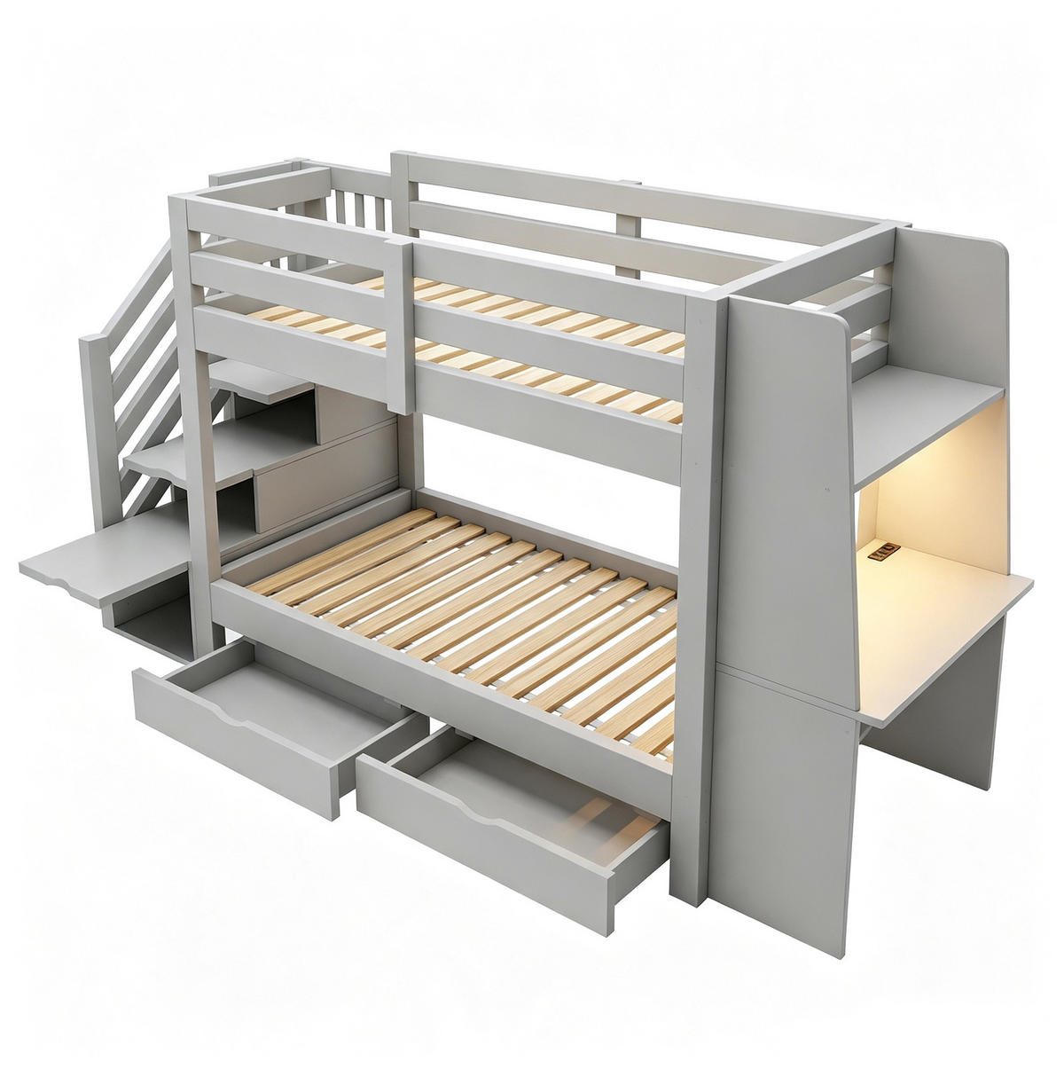 ETAGENBETT aus Holz 90x200 cm Grau mit Stauraumtreppe, Schreibtisch, LED und Steckdose - Grau, Holz (90/200cm) - Modfu