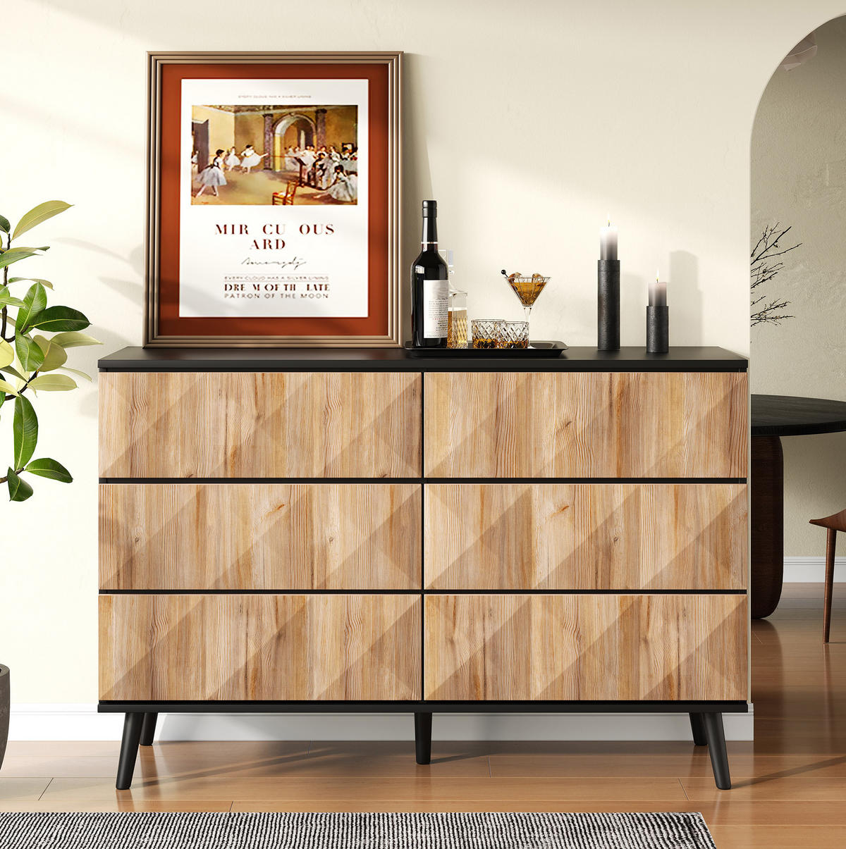SIDEBOARD 120/40/85 cm z MDF a dřevotřísky v černé a přírodní barvě se 6 zásuvkami - přírodní, kompozitní dřevo (40/85/120cm) - Modenvie