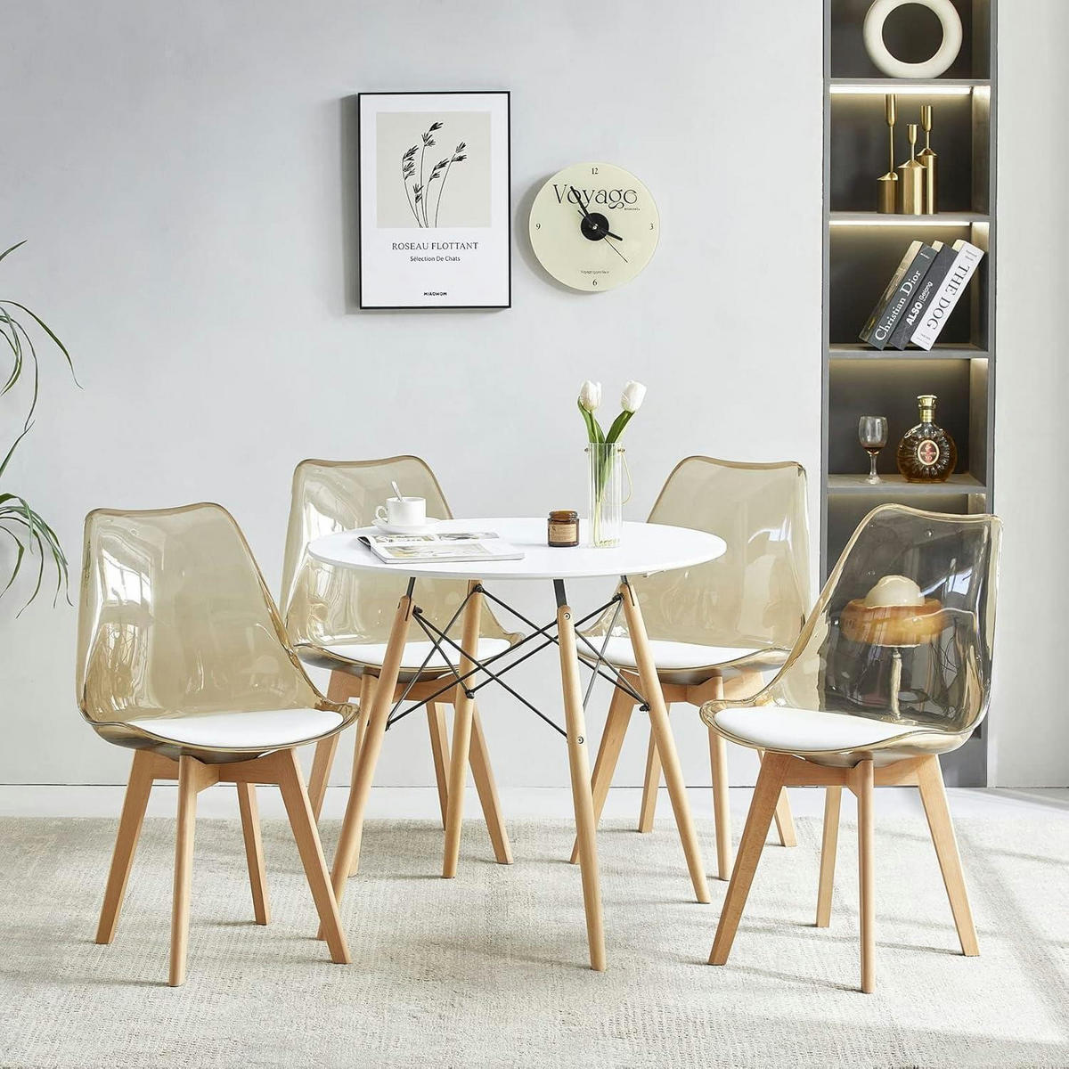 ESSZIMMERSTUHL 6er Set Braun Transparent mit Weißem PU-Leder Sitzkissen - Transparent, Kunststoff (47.5/82/41cm)