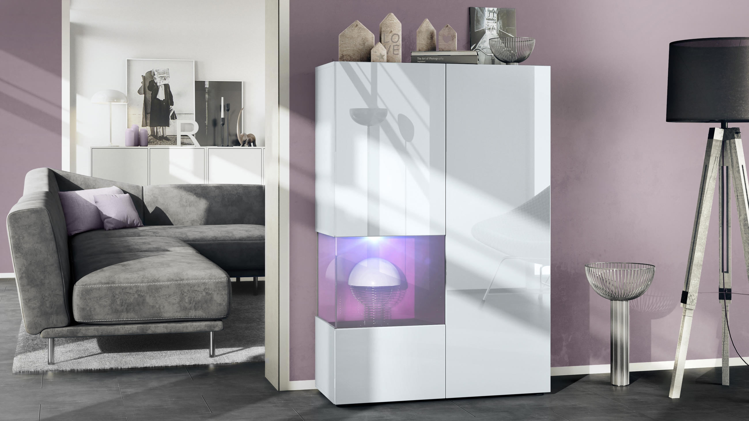 VITRINE Morena Einsatz in Brombeer Hochglanz - Brombeere, Holzwerkstoff (91.5/136.5/37cm) - Vladon