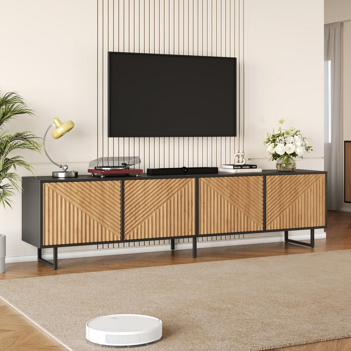 TV STOLEK přírodní barva se 4 dvířky, vakuově tvarovaný design, pro TV do 80", 180 × 40 × 50 cm - přírodní/černá, kov/sklo (180/50/40cm) - STILVORA