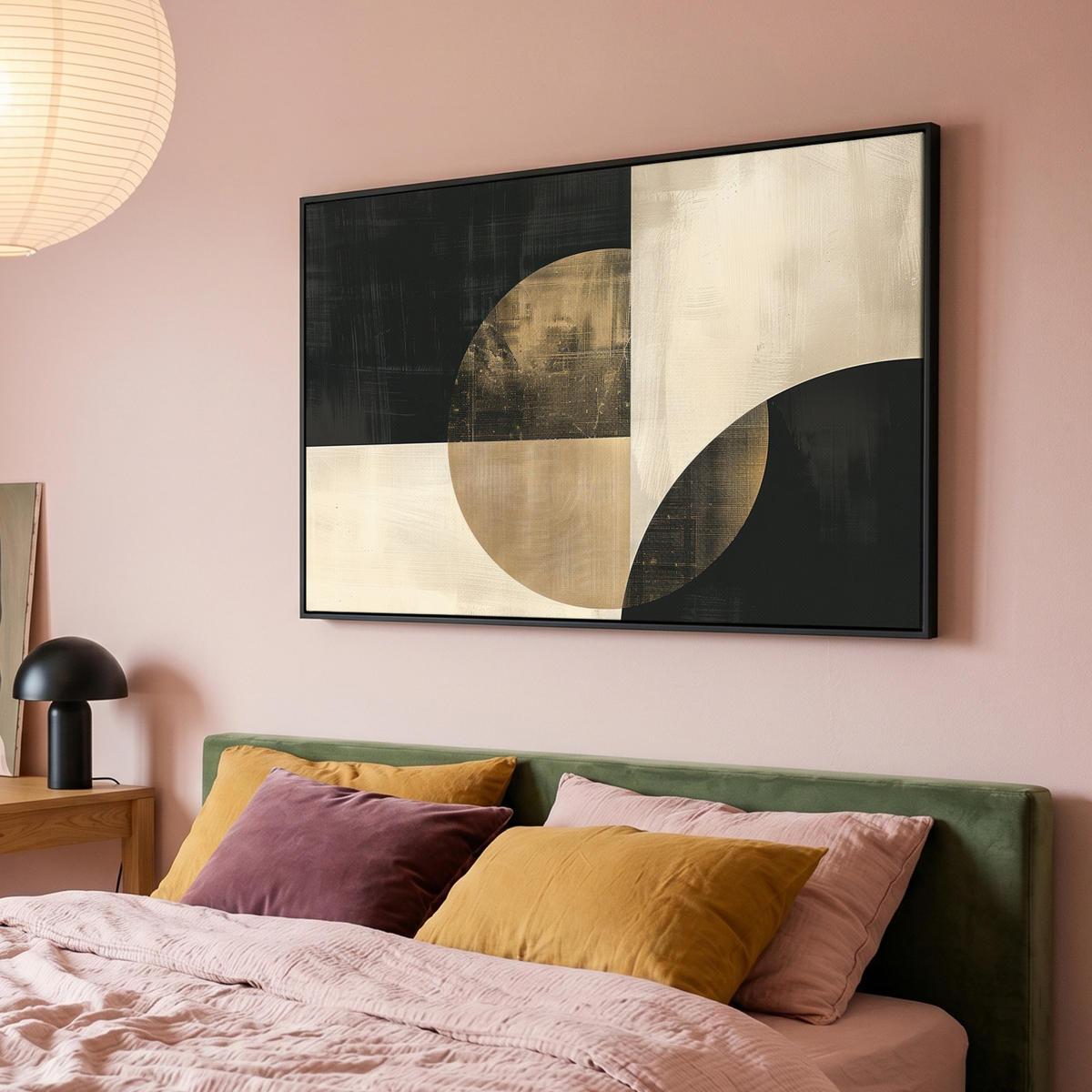 LEINWAND Bilder mit Rahmen - Abstrakt - Geometrische Formen - Schwarz - Gold - 140x90 - Ecru, Textil (140/90cm) - MuchoWow