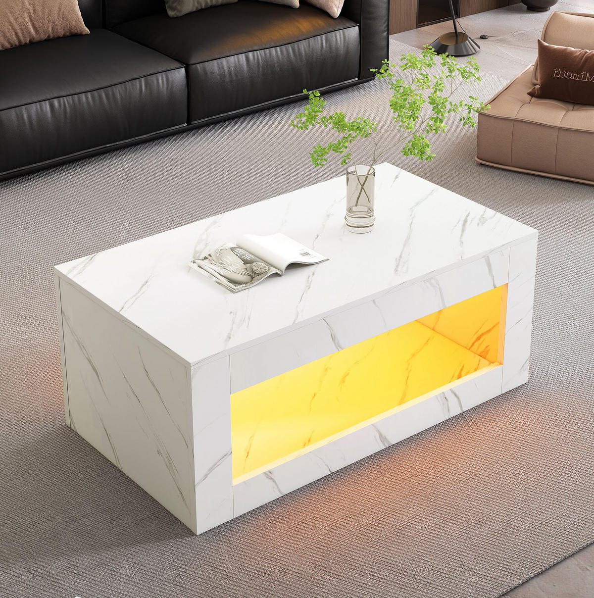 KONFERENČNÍ stolek z dřevotřísky 100x50x50 cm bílý s LED osvětlením, vysokým leskem a otevřeným úložným prostorem - bílá, kompozitní dřevo (100/50/50cm) - Modfu