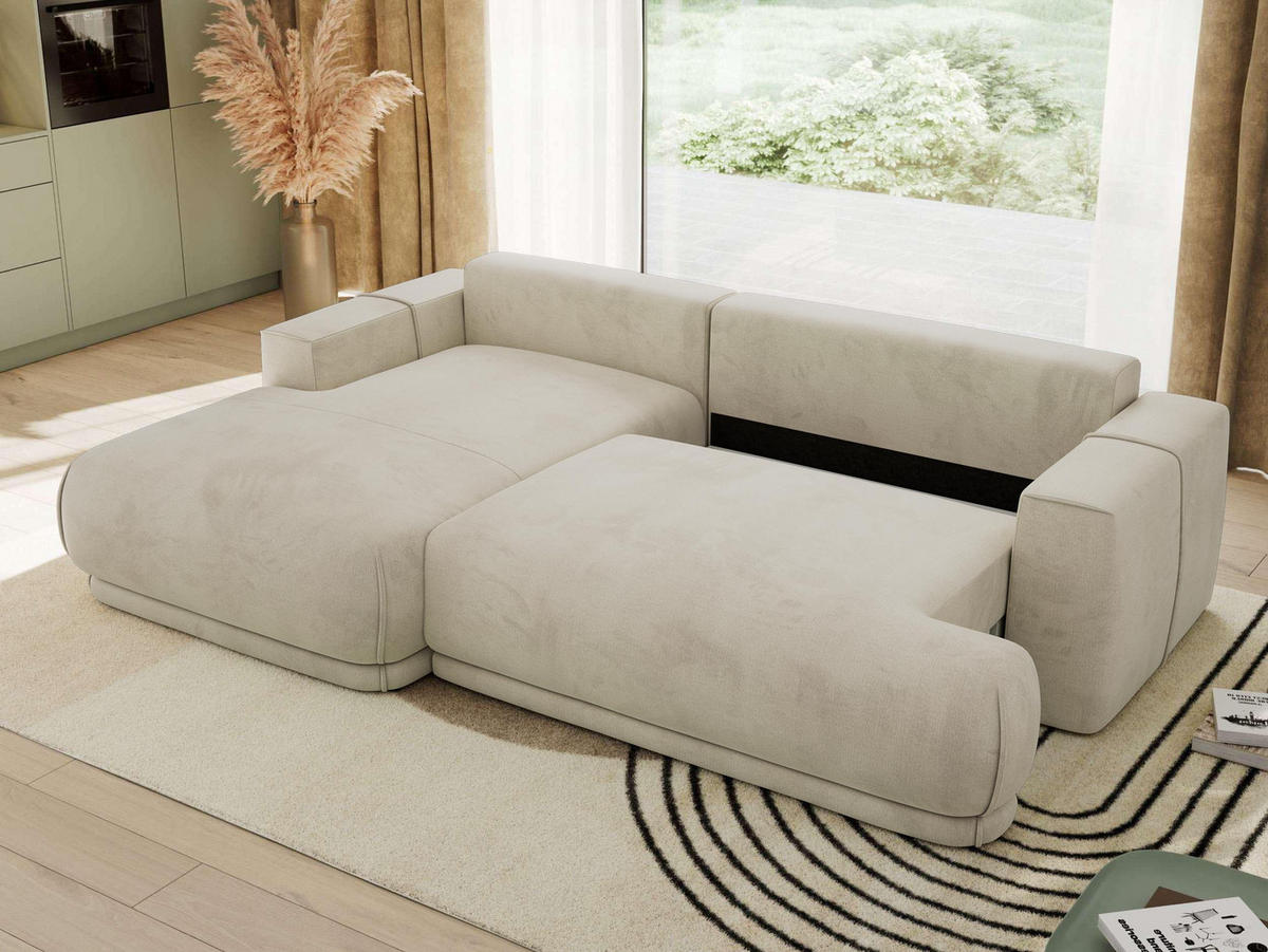 ECKSCHLAFSOFA RINA L Beige Velvet - links - Beige/Schwarz, Kunststoff/Textil (266/172cm) - MKS