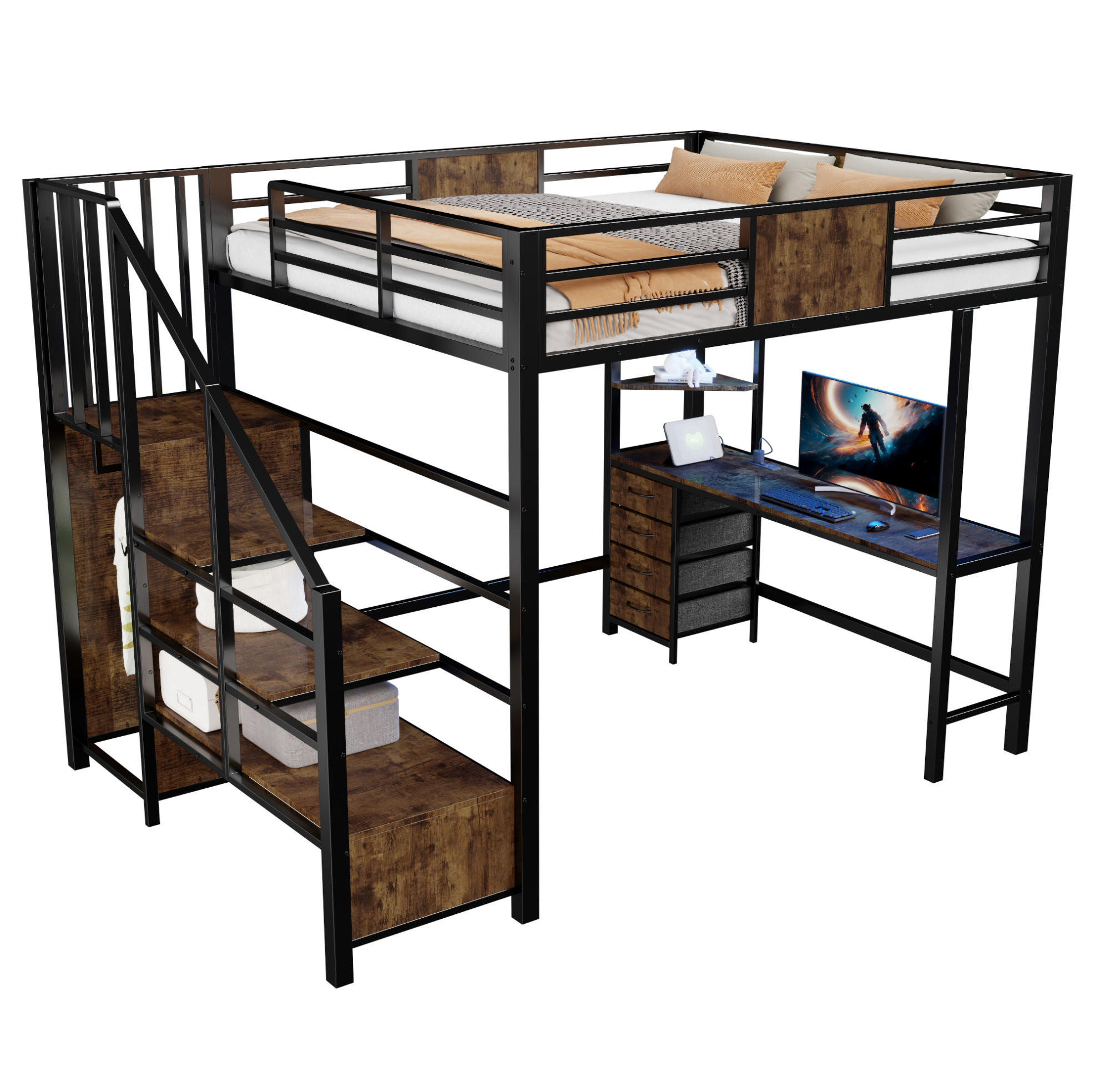 HOCHBETT 140/200 cm mit Schreibtisch, LED und Steckdose - Schwarz, Metall (140/200cm) - MIVRAY
