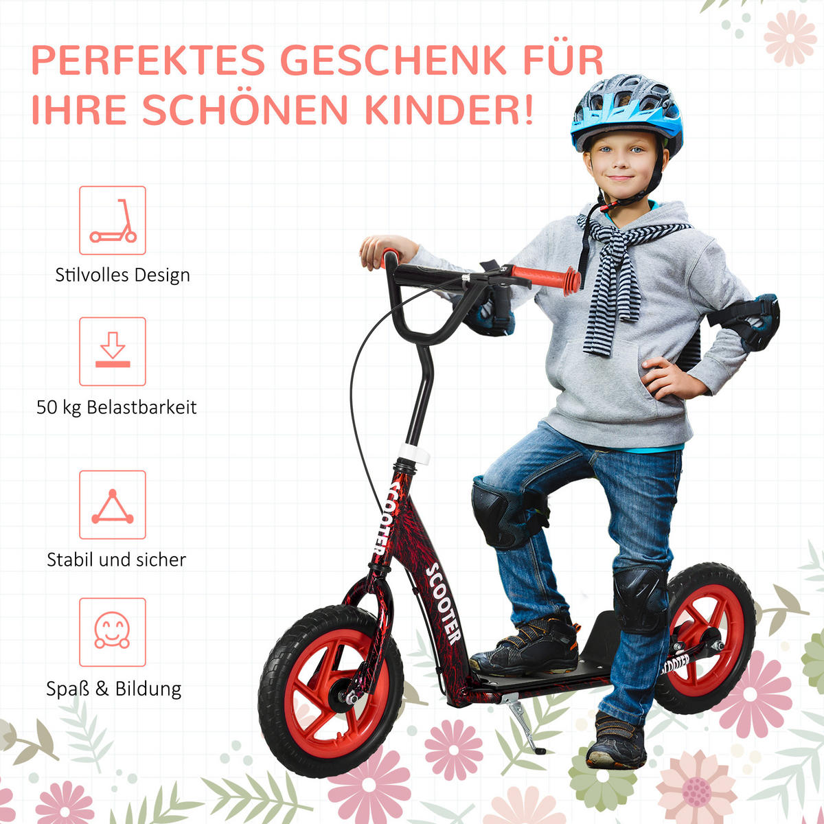 KINDERROLLER Scooter Tretroller mit verstellbarem Lenker, großen Rädern Rot - Rot, Metall (118/52/88cm) - AIYAPLAY