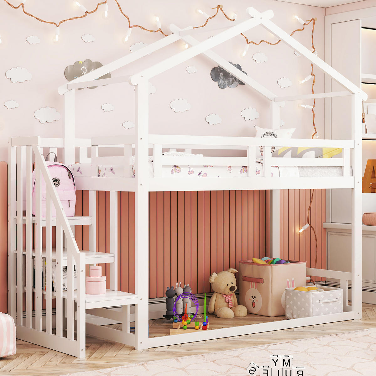 HOCHBETT aus Massivholz 90x200 cm Weiß mit Sicherheitstreppe & Stauraum - Weiß, Holz (90/200cm) - Modfu