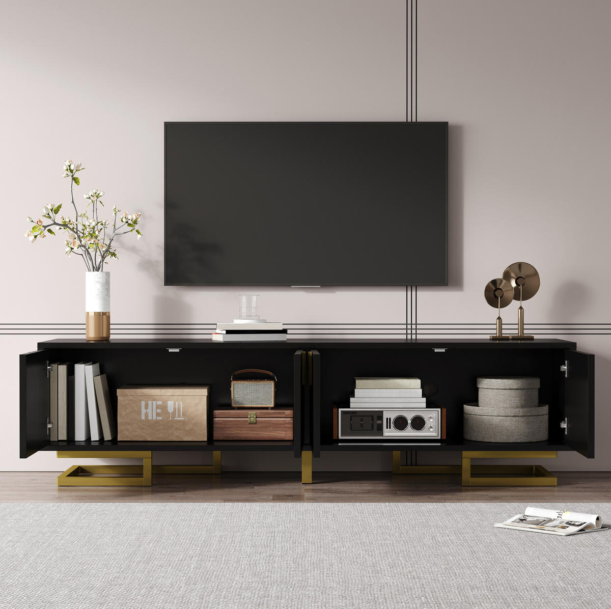 TV-SCHRANK 160/38/44,5 cm schwarz mit goldenen Griffen und verstellbaren Füßen - Schwarz, Holzwerkstoff (160/44.5/38cm) - OKWISH
