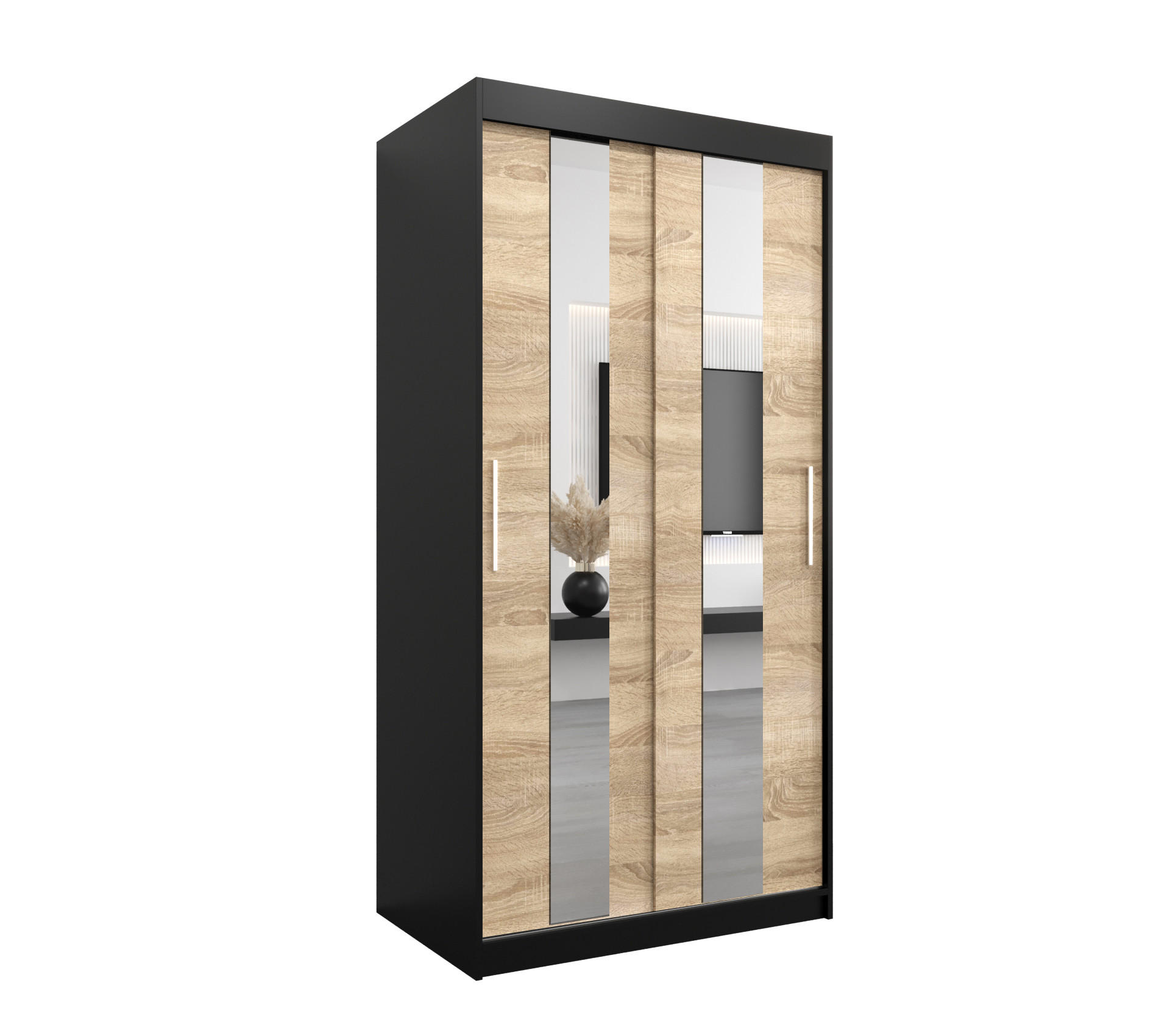 Abiks Möbel Schwebetürenschrank Schwarz, Sonoma Eiche 100x200x62 cm