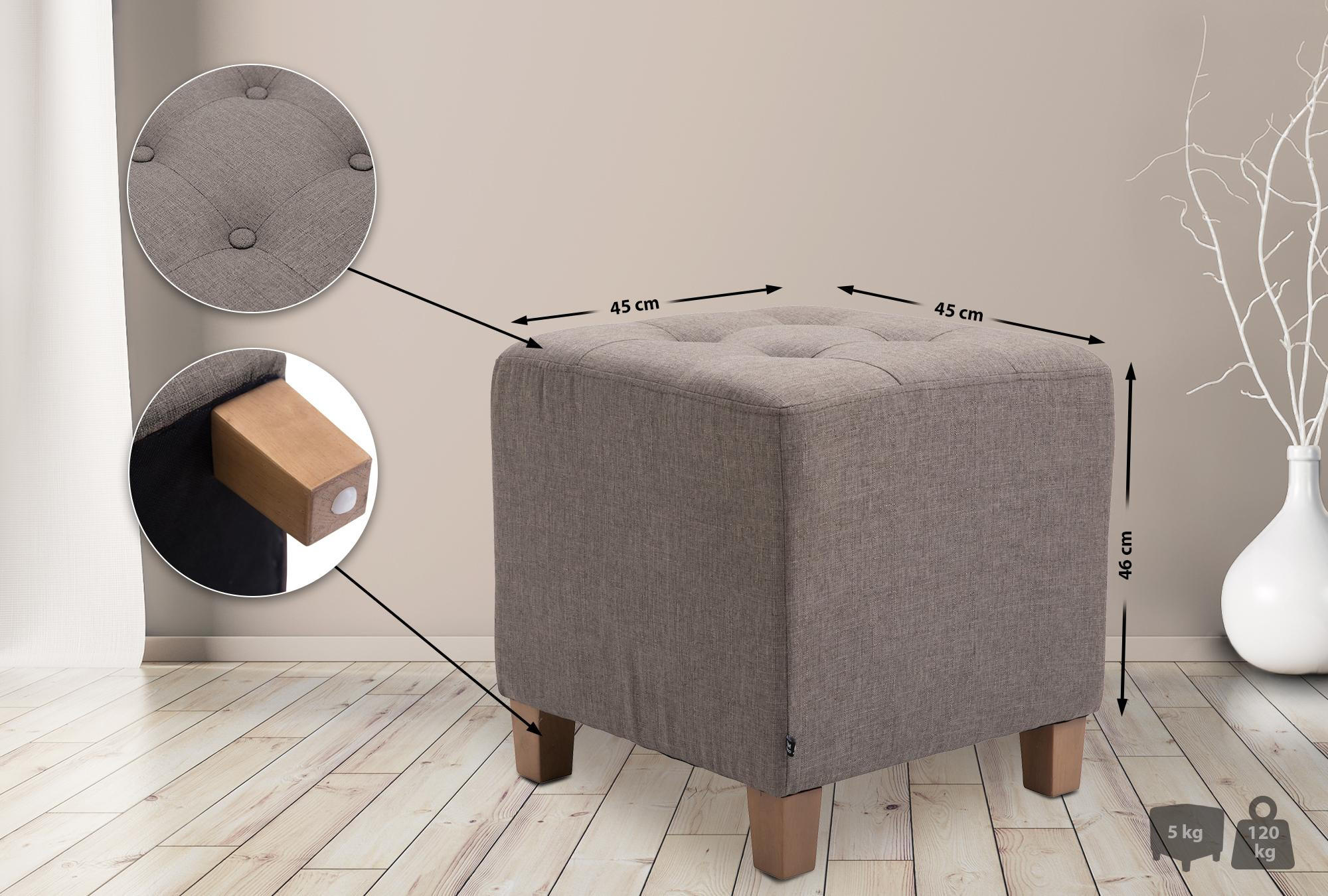 SITZWÜRFEL eckig 45/45/46 cm Stoff taupe - Taupe/Naturfarben, Holz/Textil (45/46/45cm) - CLP
