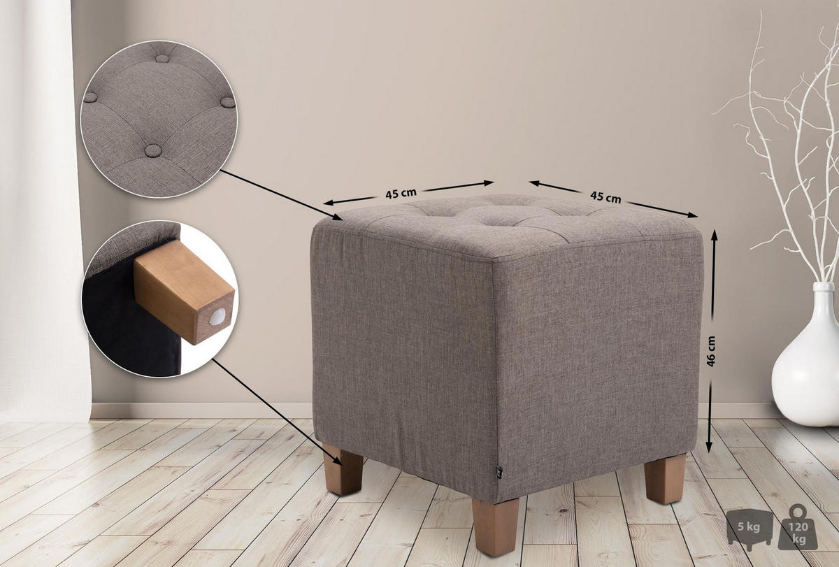 SITZWÜRFEL eckig 45/45/46 cm Stoff taupe - Taupe/Naturfarben, Holz/Textil (45/46/45cm) - CLP
