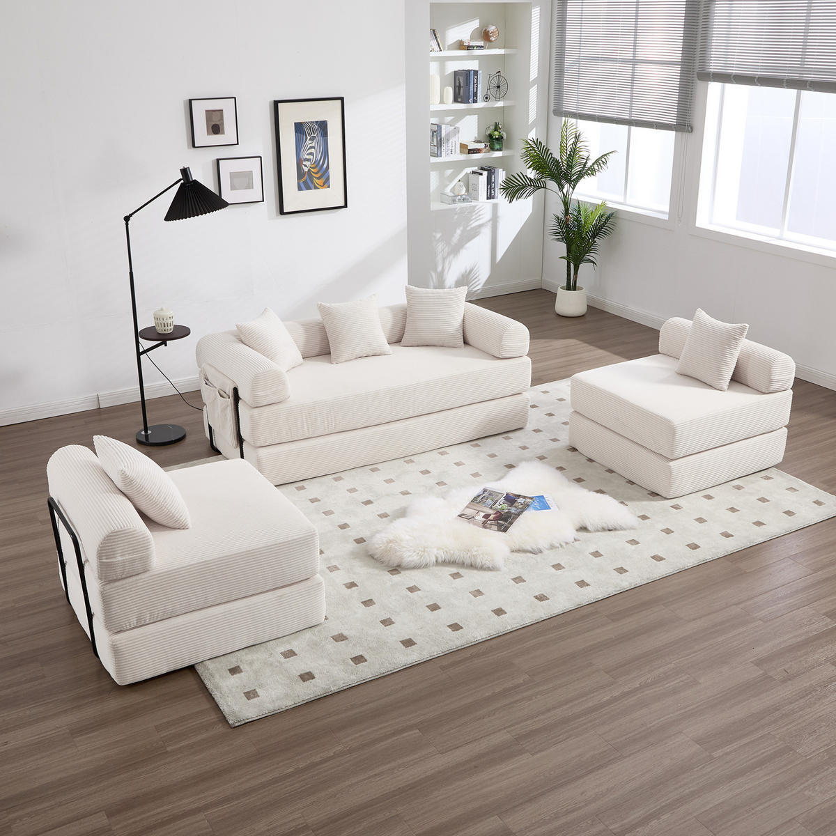 MODULARES Schlafsofa 270/180/64 cm aus Cord mit Seitentasche Beige - Beige, Textil (180/64/270cm) - Modenvie
