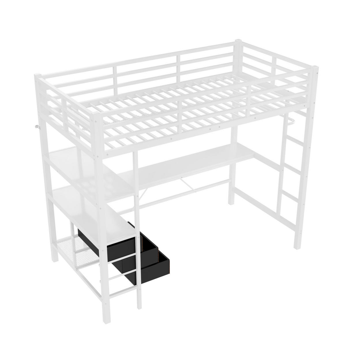 HOCHBETT 90/200 cm, Weiß mit Schreibtisch, Ambientelicht, 3 Schubladen - Weiß, Metall (90/200cm) - MIVRAY