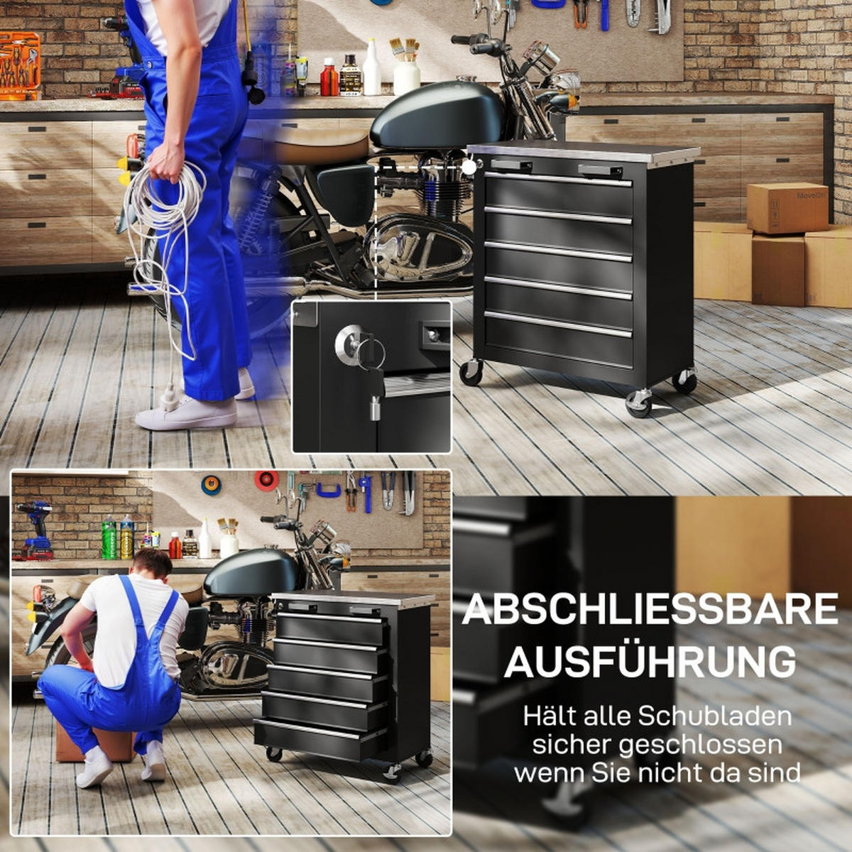 WERKZEUGWAGEN mit 5 Schubladen, rollbar, Zentralschloss, Silber-Schwarz - Schwarz, Metall (34.5/76/65.5cm) - Novahome