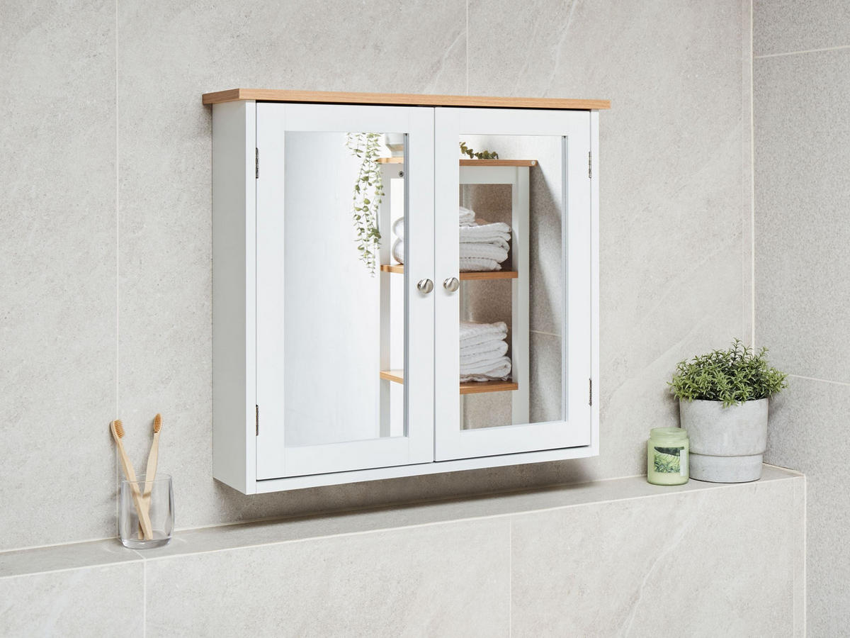 KOUPELNOVÁ ZRCADLOVÁ SKŘÍŇKA 65/60 cm Bílá Alamos - bílá/hnědá, kompozitní dřevo (65/60/17cm) - Beliani