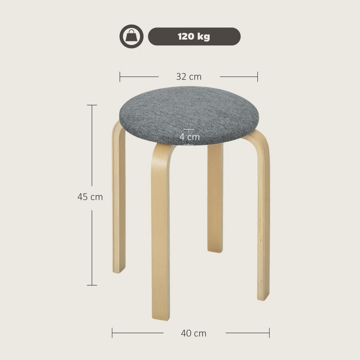 STAPELHOCKER DE-36023 4er Set stapelbar mit Leinenbezug Grau - Grau, Holzwerkstoff (40/45/40cm) - ComfortXL