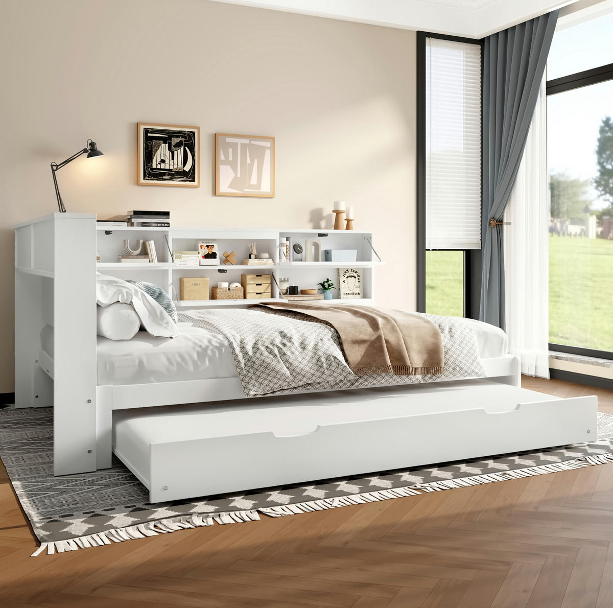 TAGESBETT 140/200 cm mit Ausziehbett, Stauraum-Kopfteil und USB-/USB-C-Anschluss, Weiß - Weiß, Holzwerkstoff (140/200cm) - Redom