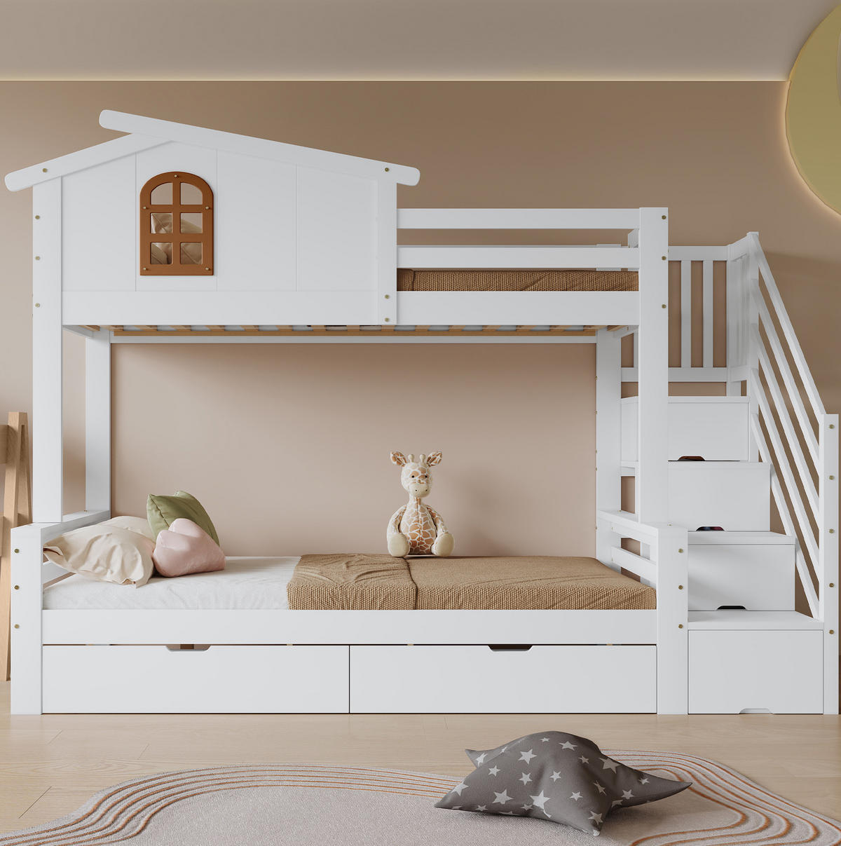 ETAGENBETT 90/200 cm aus Kiefer, MDF und Sperrholz mit Schubladen, Weiß/Natur - Naturfarben, Holz (90/200cm) - OKMYHOME
