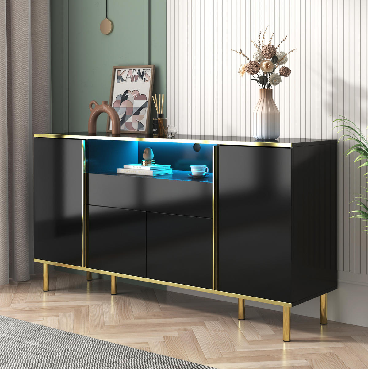 SIDEBOARD 150/40/80 cm z MDF a dřevotřísky černý vysoký lesk s LED osvětlením - černá, kompozitní dřevo (150/80/40cm) - Modenvie