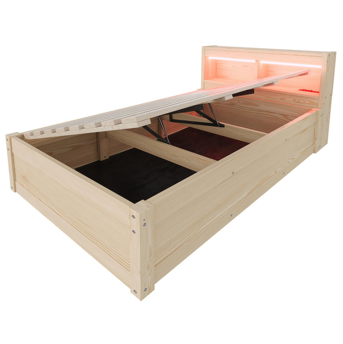 EINZELBETT aus Kiefernholz 90x200 cm Holzfarben mit hydraulischem Stauraum, LED-Beleuchtung und Steckdose - Naturfarben, Holzwerkstoff (90/200cm) - IVMEU