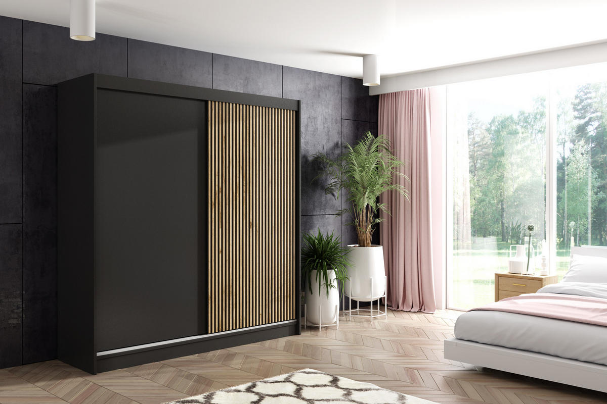 KLEIDERSCHRANK VILAN mit Lamel/LED - 200 cm - Schwarz|Eiche Wotan - Eiche Wotan/Schwarz, Holzwerkstoff (200/215/61cm) - ALTDECOR