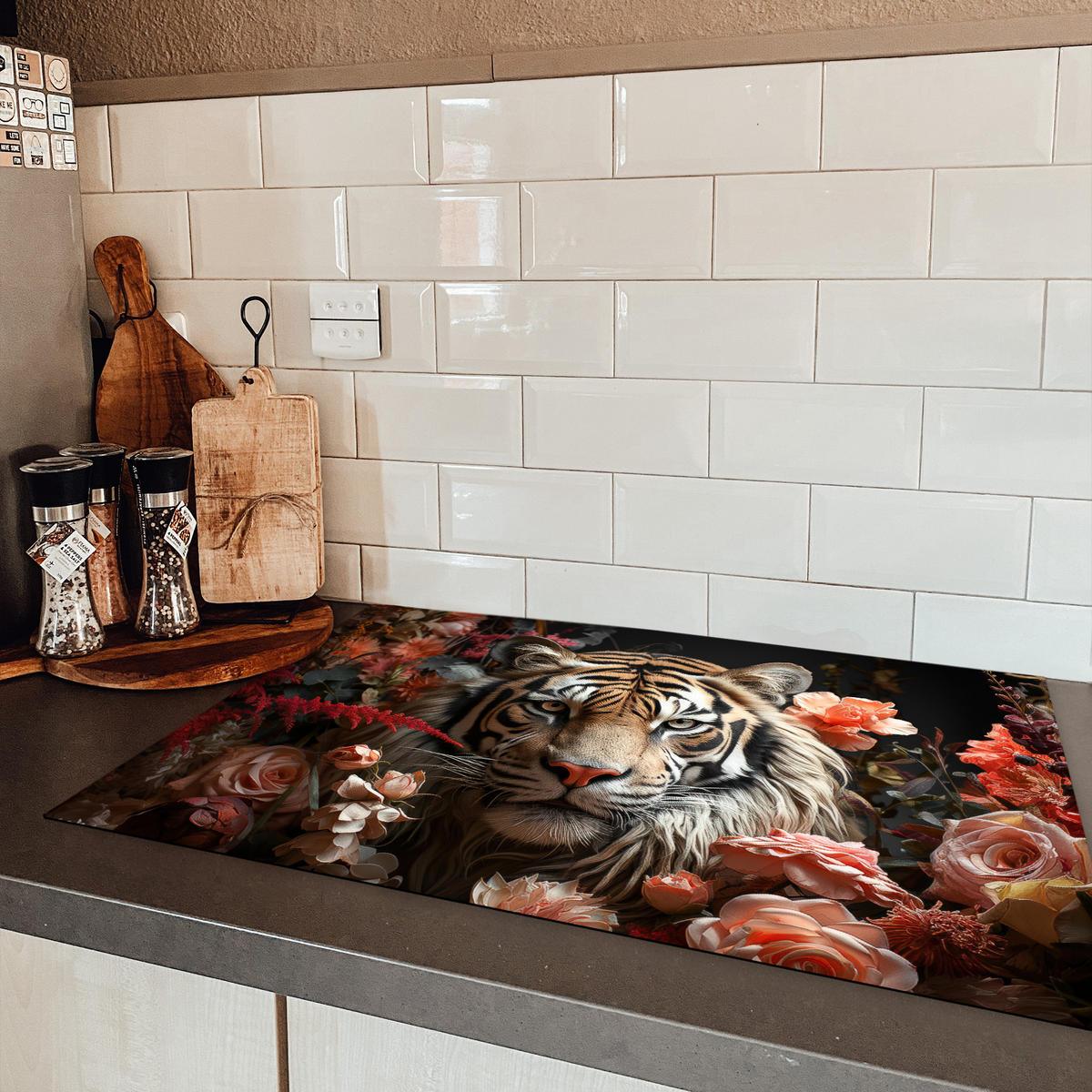 HERDABDECKPLATTE Tiger - Tier - Natur - Floral - Botanisch 80x52 cm - Orange, Kunststoff (80.2/52.2/0.2cm) - MuchoWow