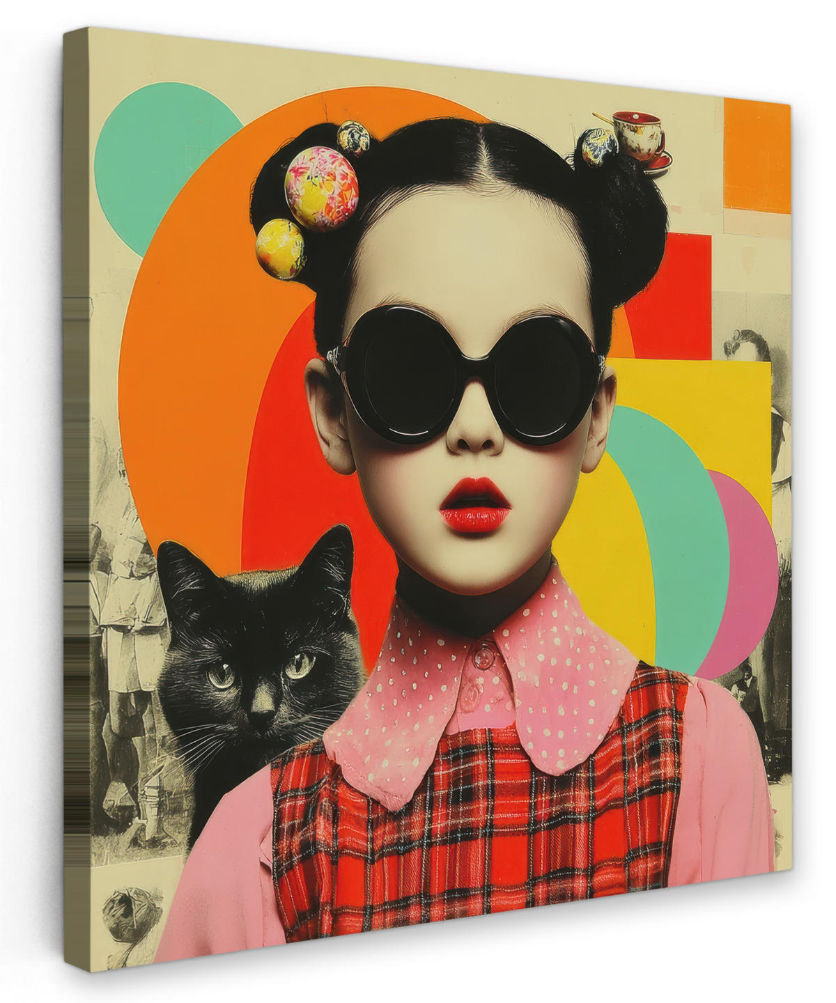 LEINWANDBILD Mädchen - Sonnenbrille - Katze - Retro Deko Groß 90x90 cm - Beige, Textil (90/90cm) - MuchoWow