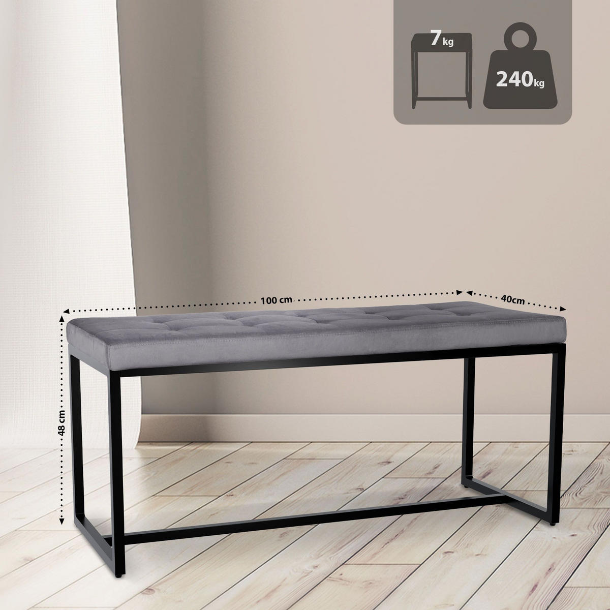 SITZBANK 100/40 cm Samt dunkelgrau - Dunkelgrau/Schwarz, Textil/Metall (100/48/40cm) - CLP