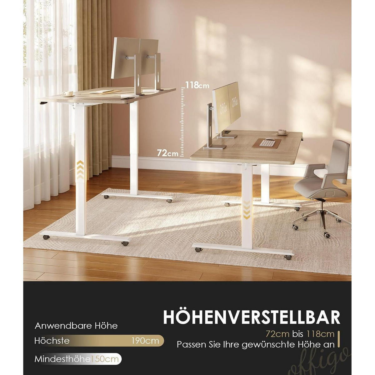 SCHREIBTISCH Höhenverstellbar Elektrisch 180 cm Beige mit USB und Memory Funktion - Beige, Holzwerkstoff (70/180/72cm)