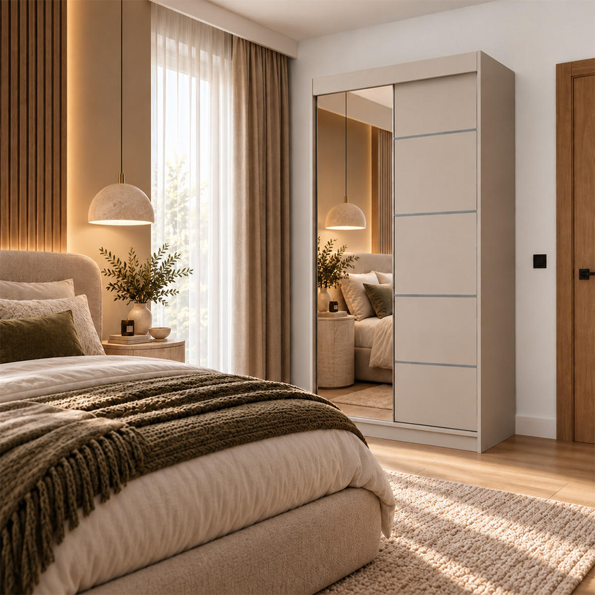 KLEIDERSCHRANK Malika 120 cm Kaschmir Spiegel 2 Schubl. Griffe silber - Kaschmir, Holzwerkstoff (120/216/61cm) - KS Home Concept